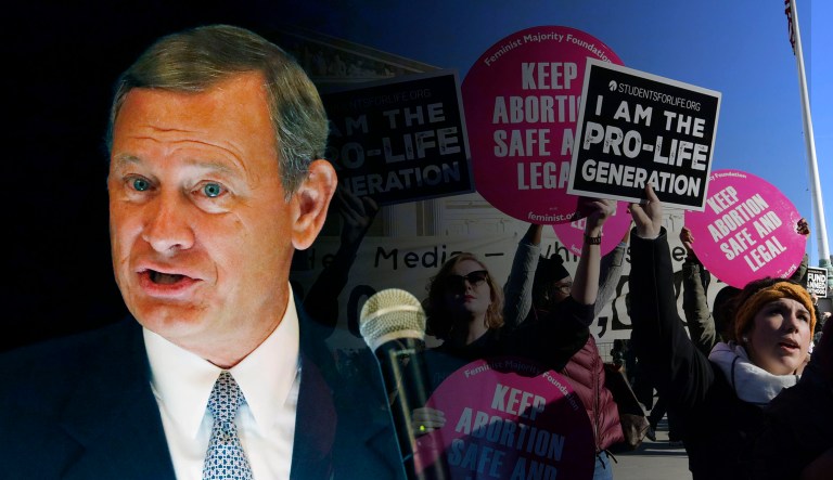 Supreme Court Chief Justice John Roberts speaks at an event (pictured left). On the right, protesters on both sides of the abortion issue gather outside the Supreme Court in D.C.