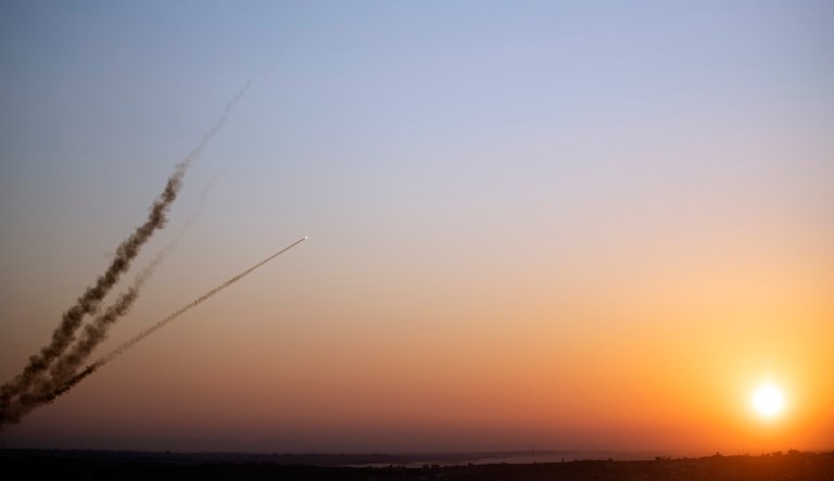 Rockets are launched from Gaza Strip to Israel, Tuesday, Nov. 12, 2019. Israel killed a senior Islamic Jihad commander in Gaza early Tuesday in a resumption of pinpointed targeting that threatens a fierce round of cross-border violence with Palestinian militants.