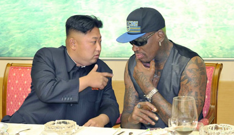 In this undated photo published on Sept. 7, 2013, on the homepage of North Korea's Rodong Sinmun newspaper, North Korean leader Kim Jong Un, left, talks with former NBA player Dennis Rodman during a dinner in North Korea.