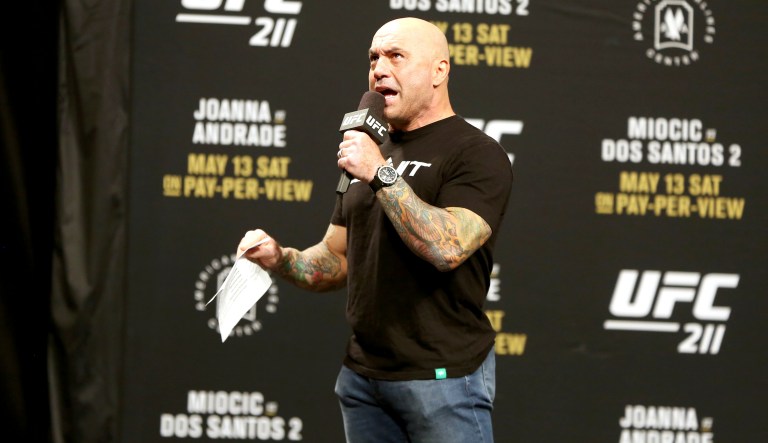 Joe Rogan is seen during a weigh-in before UFC 211 on Friday, May 12, 2017, in Dallas before UFC 211. 