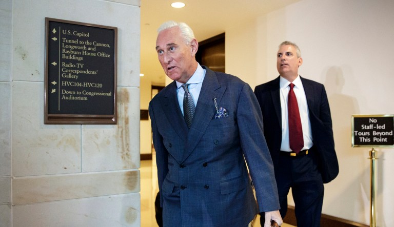Longtime Donald Trump associate Roger Stone arrives to testify before the House Intelligence Committee, on Capitol Hill, Tuesday, Sept. 26, 2017, in Washington. Stone says there is "not one shred of evidence" that he was involved with Russian interference in the 2016 election. Stone's interview comes as the House and Senate intelligence panels are looking into the Russian meddling and possible links to Trump's campaign.