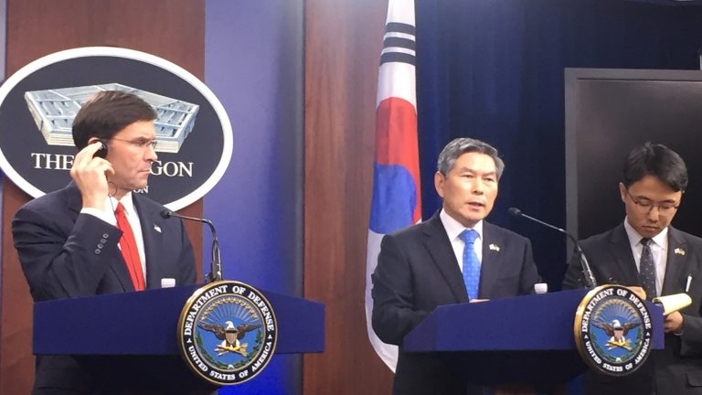 South Korean Foreign Minister Jeong Kyeong-doo spoke at the Pentagon Feb. 24, 2020 spoke about how far apart the two sides are on reaching a new military cost-sharing agreement.