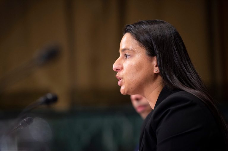 Loren AliKhan speaks during a Senate Judiciary Committee hearing on Feb. 25, 2020.