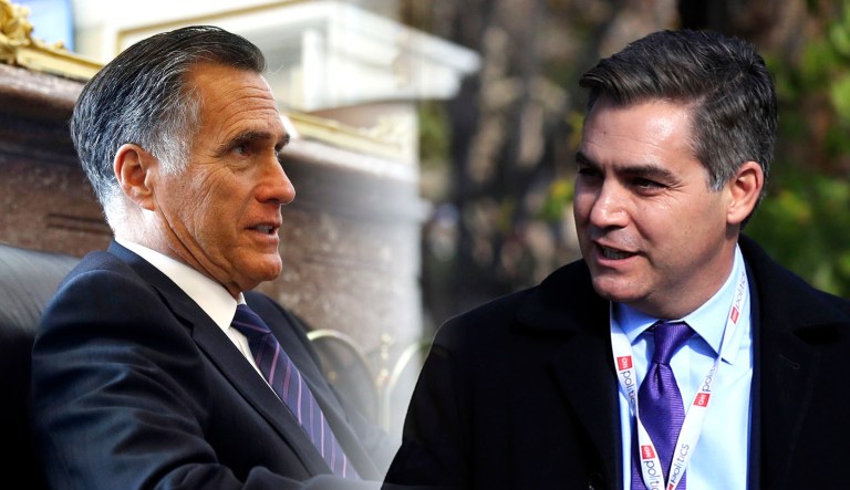 Sen. Mitt Romney, R-Utah, is seen on the left; Jim Acosta of CNN is seen on the right.