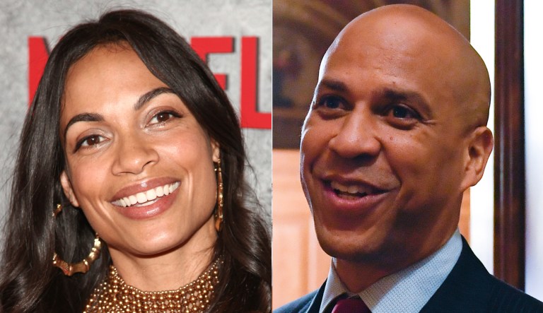 Pictured are Rosario Dawson, left, and Cory Booker, right.