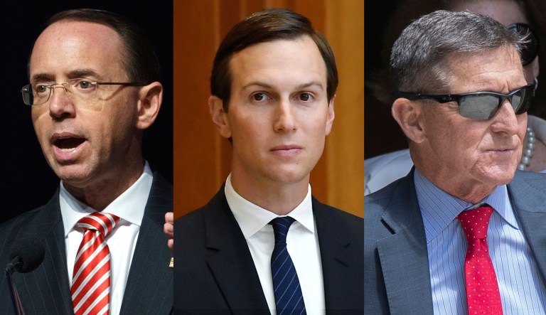 From left to right: Rod Rosenstein, Jared Kushner, Michael Flynn.