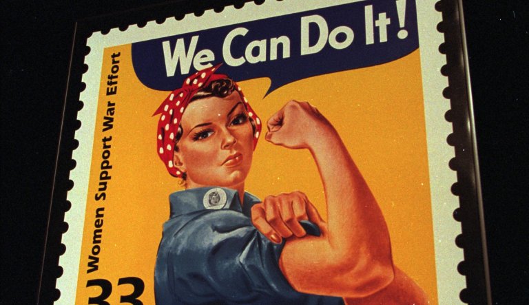 FILE - A June 25, 1999, file photo shows an enlargement of the U.S. Postal Service's stamp depicting Rosie the Riveter, in South Portland, Maine. A group wants to preserve a portion of the old Willow Run bomber plant and house a museum there dedicated to aviation and the countless Rosies across the country. Save the Bomber Plant officials have until Thursday, May 1, to raise the remainder of the $8 million needed to save the plant from demolition. 