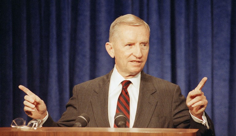 Ross Perot angrily defends his accounts of alleged Republican dirty tricks aimed at sabotaging his presidential campaign during a news briefing at his campaign headquarters on Monday, Oct. 26, 1992 in Dallas.
