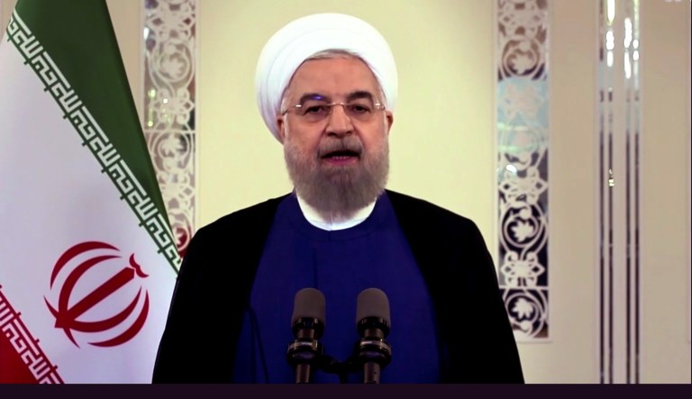 In this image made from UNTV video, Iranian President Hassan Rouhani speaks in a pre-recorded message which was played during the 75th session of the United Nations General Assembly, Tuesday, Sept. 22, 2020, at UN headquarters in New York.