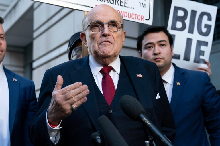 Former Mayor of New York Rudy Giuliani speaks during a news conference outside the federal courthouse in Washington, Friday, Dec. 15, 2023.