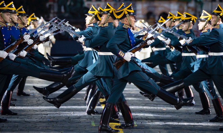 Soldiers of Russian Presidential Regent perform during the Spasskaya Tower international military music festival in Red Square in Moscow, Russia, Friday, Aug. 23, 2019. 
