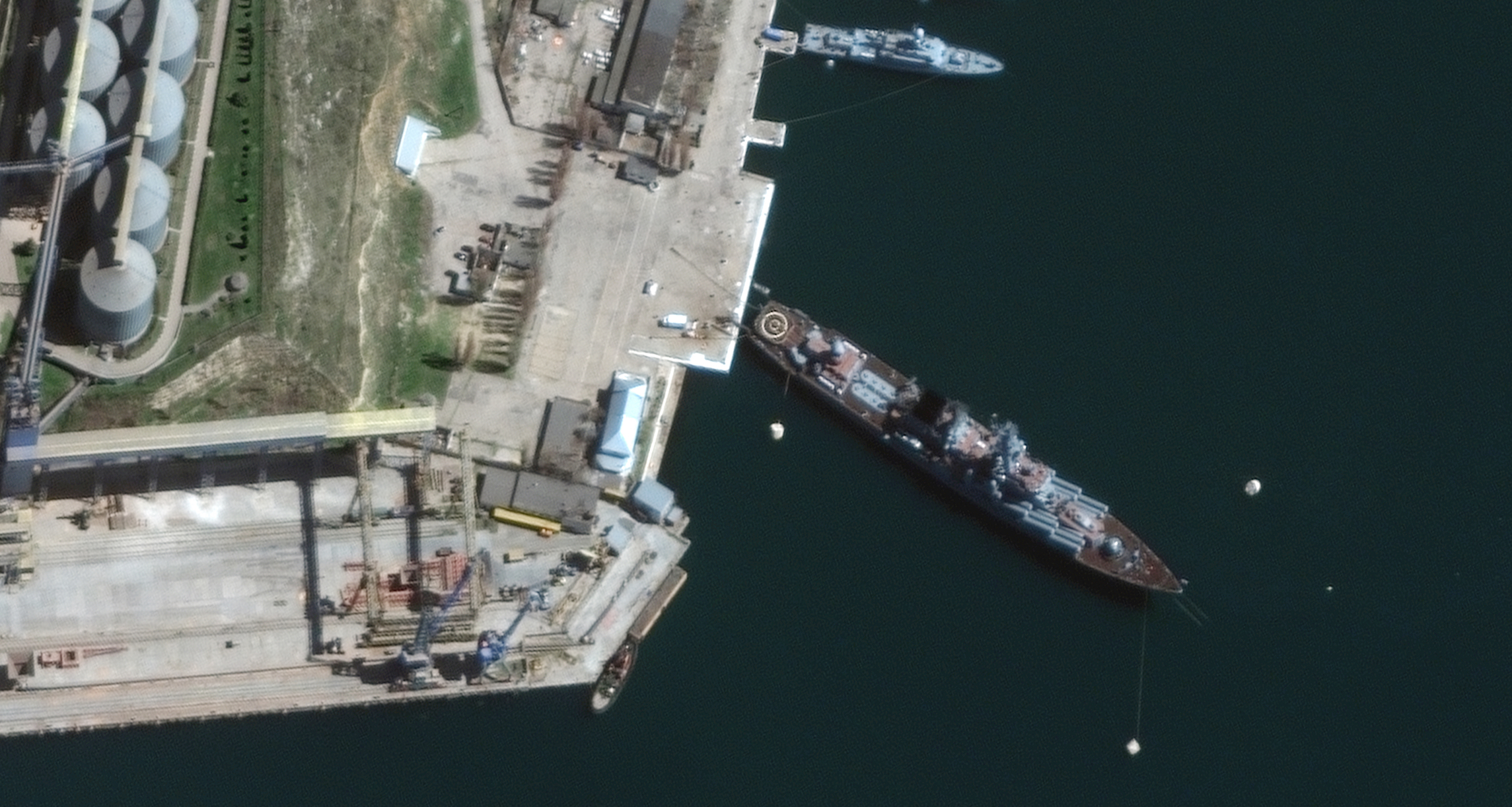 This satellite image provided by Maxar Technologies shows the cruiser Moskva in Sevastopol's port in Crimea on April 7, 2022. 