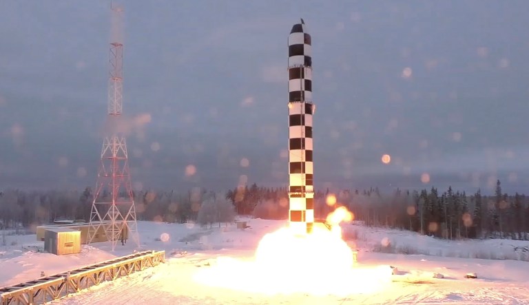 In this video grab provided by RU-RTR Russian television via AP television on Thursday, March 1, 2018, Russia's new Sarmat intercontinental ballistic missile blasts off during a test launch from an undisclosed location in Russia.