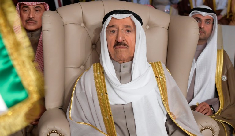 In this March 31, 2019 file photo, Kuwait's ruling emir, Sheikh Sabah Al Ahmad Al Sabah, attends the opening of the 30th Arab Summit, in Tunis, Tunisia. Kuwait state television said Tuesday, Sept. 29, 2020, the country's 91-year-old ruler, Sheikh Sabah Al Ahmad Al Sabah, had died.