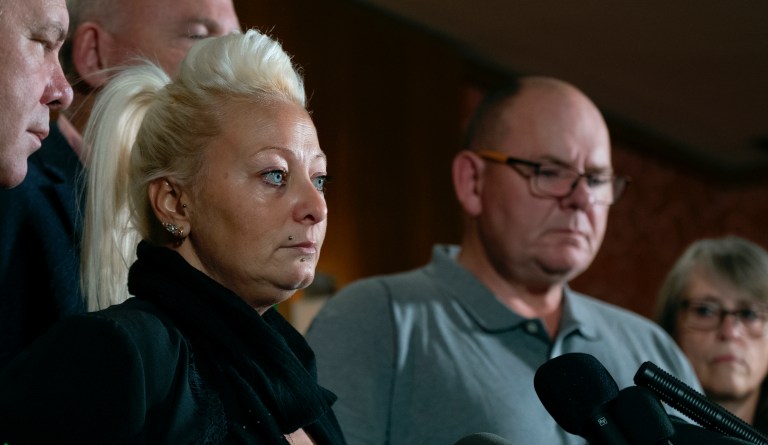 Charlotte Charles, mother of Harry Dunn, who died after his motorbike was involved in an August 2019 accident in Britain with Anne Sacoolas, wife of an American diplomat, speaks at a news conference as she is joined by Dunn's father Tim Dunn, center right, and other family members and supporters Monday, Oct. 14, 2019, in New York.                                                                                                                                                                                                                                                           