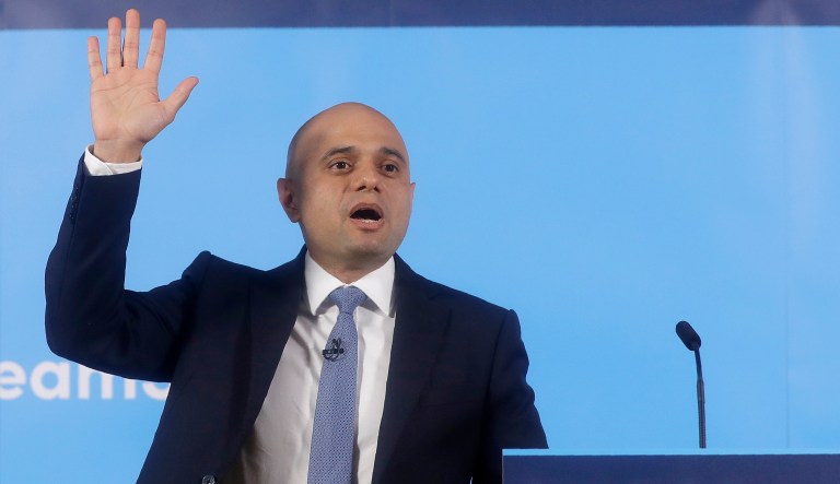 Conservative leadership contender and Britain's Home Secretary Sajid Javid delivers a speech to launch his campaign to become the next Conservative prime minister, in London, Wednesday, June 12, 2019.
