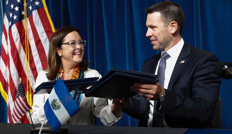 Acting Secretary of Homeland Security Kevin K. McAleenan with Alexandra Hill, Minister of Foreign Affairs for El Salvador, after signing an agreement during news conference at the US Customs and Border Protection Headquarters in Washington, Friday, Sept. 20, 2019. McAleenan and Hill announced that the US has reached an accord aimed at making El Salvador a haven for migrants seeking asylum. 