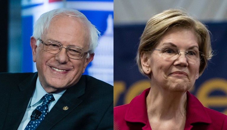 Sen. Bernie Sanders (left) appears at a Fox News event; Sen. Elizabeth Warren appears a different (non-Fox News) event.