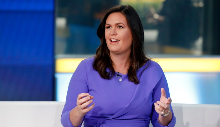 Fox News contributor Sarah Huckabee Sanders makes her first appearance on the "Fox & Friends" television program in New York, Friday, Sept. 6, 2019.