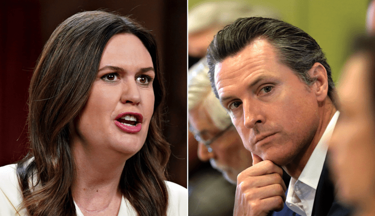 Gov. Sarah Huckabee Sanders (R-AR) (left) and Gov. Gavin Newsom (D-CA).
