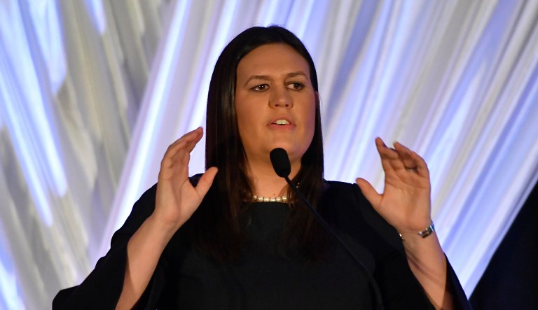 White House Press Secretary Sarah Huckabee Sanders addresses the audience during the Republican Party's Annual Lincoln Dinner, Saturday, Aug. 25, 2018, in Lexington, Ky.