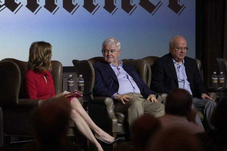Washington Examiner columnist Kristen Soltis Anderson, former Speaker of the House Newt Gingrich, and former White House Deputy Chief of Staff Karl Rove discuss the 2018 midterm elections at the Washington Examiner Sea Island Political Summit, Friday, November 9, 2018.
