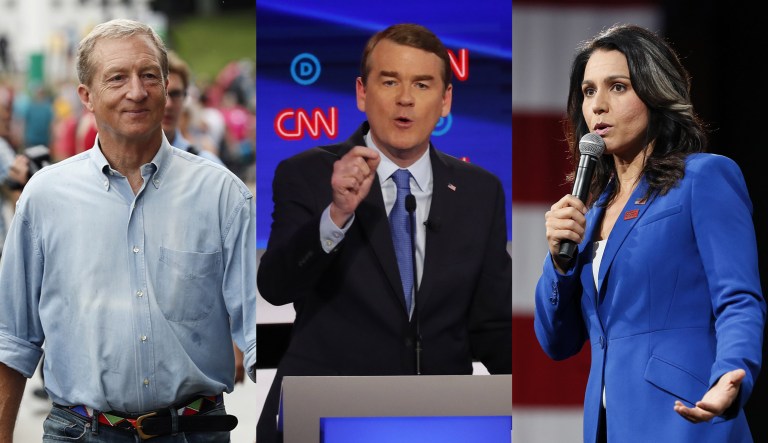 Tom Steyer, Michael Bennet, and Tulsi Gabbard are seen.