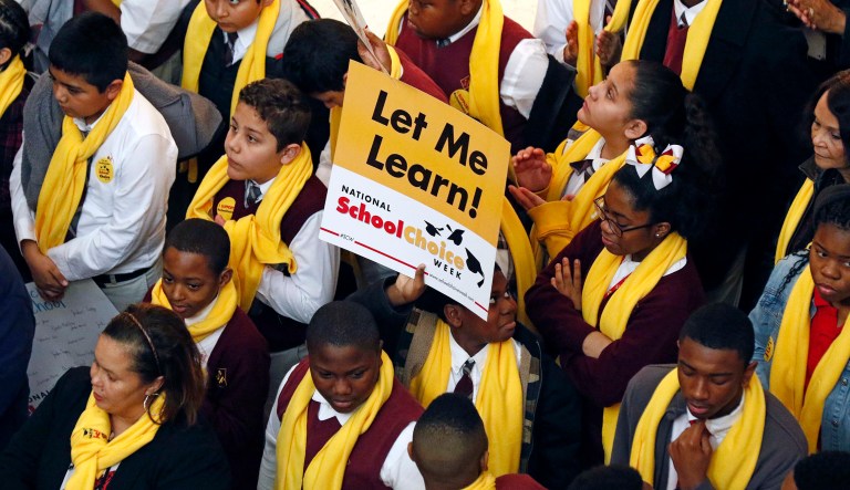 Students from charter, private, parochial and home schools, participate in a school choice proponents rally Tuesday, Jan. 23, 2018, at the Capitol in Jackson, Miss., as prospects remain unclear for House and Senate bills that would expand programs to spend public money to pay for students to attend private schools.
