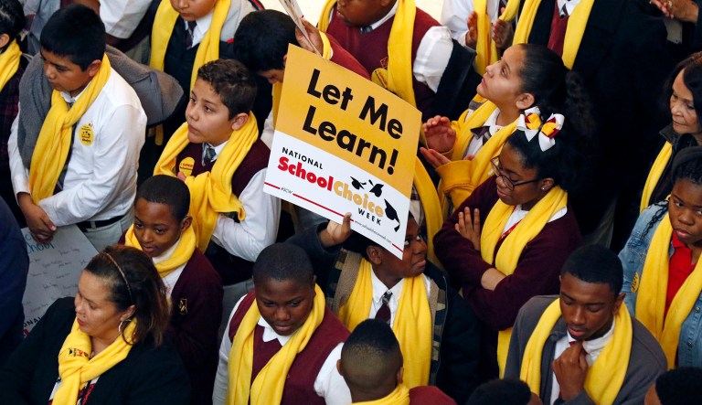 Students from charter, private, parochial and home schools, participate in a school choice proponents rally Tuesday, Jan. 23, 2018, at the Capitol in Jackson, Miss., as prospects remain unclear for House and Senate bills that would expand programs to spend public money to pay for students to attend private schools.