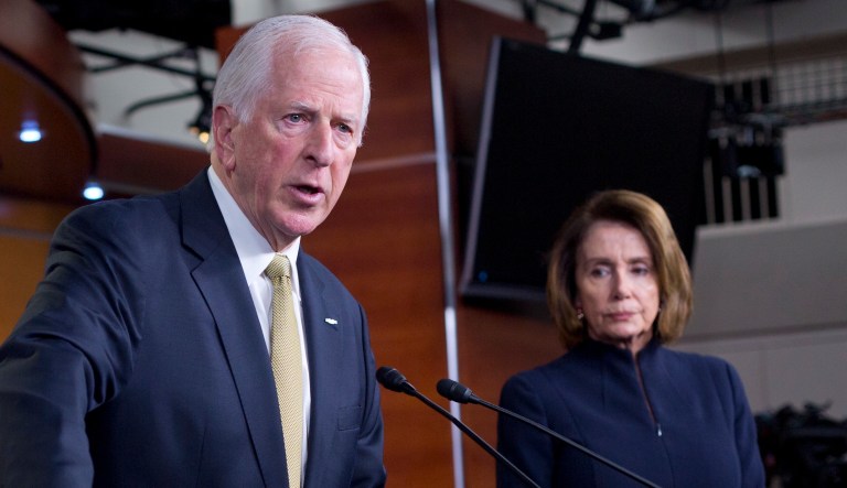 House Leader Nancy Pelosli, D-Calif., right, watches as Rep. Mike Thompson, D-Calif., speaks to the media during a news conference, Thursday, Feb. 15, 2018, on Capitol Hill in Washington.
