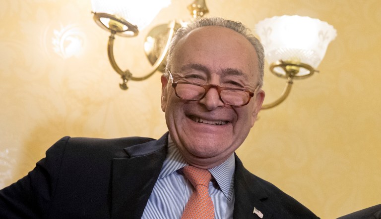 Senate Minority Leader Sen. Chuck Schumer of N.Y., left, and Rep. Hakeem Jeffries, D-N.Y., right, smile together during a news conference on American labor on Capitol Hill in Washington, Wednesday, Nov. 1, 2017. Trump said on Twitter that the driver in Tuesday's attack "came into our country through what is called the 'Diversity Visa Lottery Program,' a Chuck Schumer beauty" â a reference to the Senate's Democratic leader.