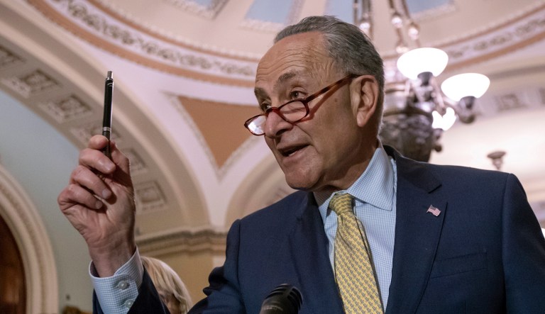 FILE - In this June 19, 2018 file photo, Senate Minority Leader Chuck Schumer, D-N.Y., talks during a news conference on Capitol Hill in Washington. In the budding battle royale over the Supreme Court vacancy, whatâs the Democratic sweet spot between satisfying liberal activistsâ demands for an all-out fight against President Donald Trumpâs pick and protecting senators facing tight re-election races in deeply red states?