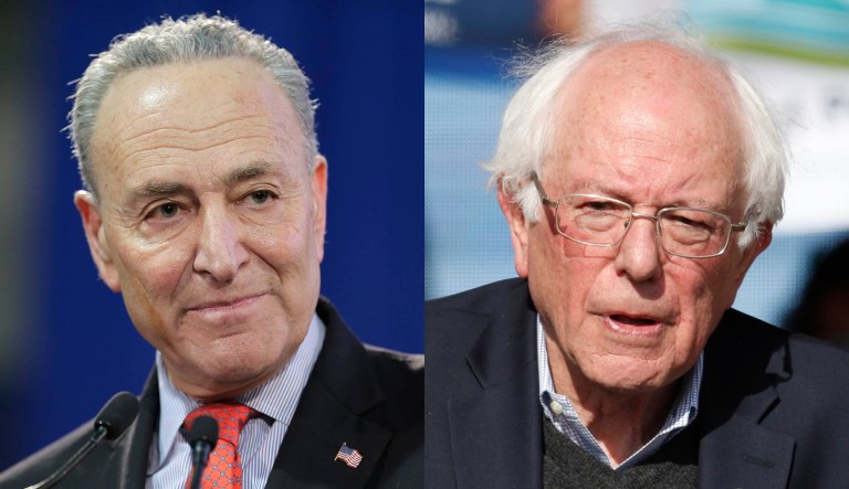 Sens. Chuck Schumer and Bernie Sanders are shown.