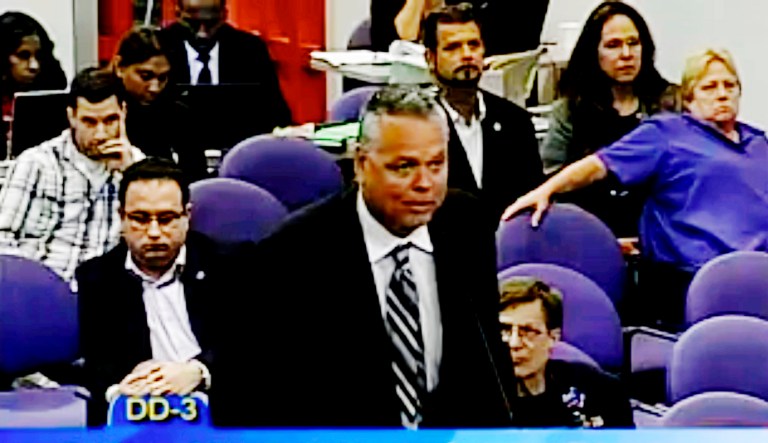 FILE - In this Feb. 18, 2015, file frame from video from Broward County Public Schools, school resource officer Scot Peterson talks during a school board meeting of Broward County, Fla. Meadow Pollack was among the 17 killed on Valentineâs Day in a freshman building at Marjory Stoneman Douglas High School in Parkland, Fla. Her father, Andrew Pollack, said Peterson, the former sheriffâs deputy and the schoolâs resource officer, is his main target in the wrongful death lawsuit filed Monday, April 30, 2018, in Broward County.