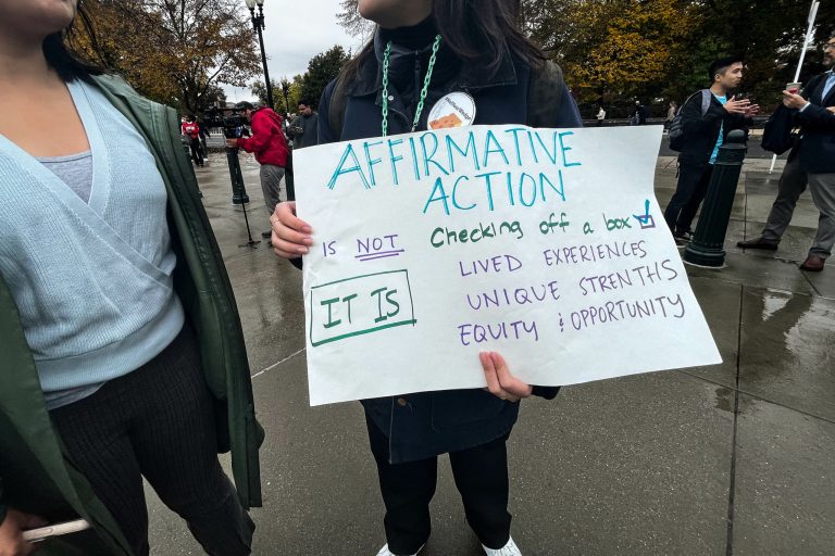 Affirmative action advocates rally outside the Supreme Court as justices hear oral arguments on whether colleges and universities can consider race as a factor in admissions decisions on Oct. 31, 2022.
