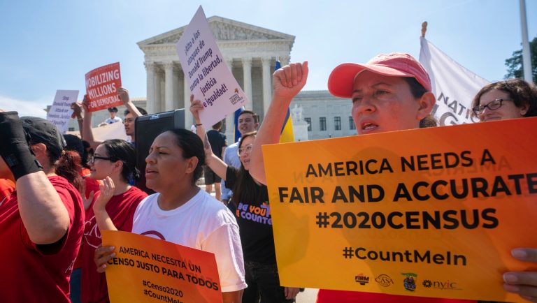 Demonstrators gather at the Supreme Court as the justices finish the term with key decisions on gerrymandering and a census case involving an attempt by the Trump administration to ask everyone about their citizenship status in the 2020 census, on Capitol Hill in Washington, Thursday, June 27, 2019.