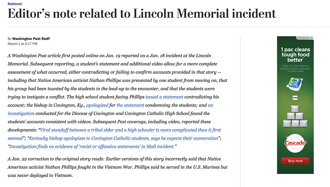 Washington Post issues lengthy correction over Covington Catholic confrontation