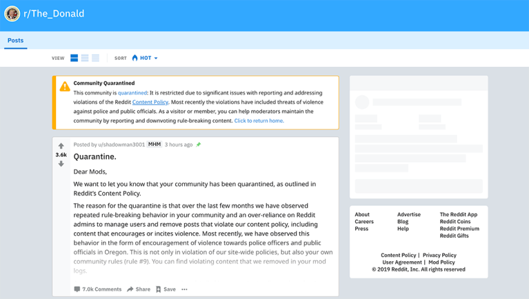 Largest pro-Trump subreddit ‘quarantined’ over threats