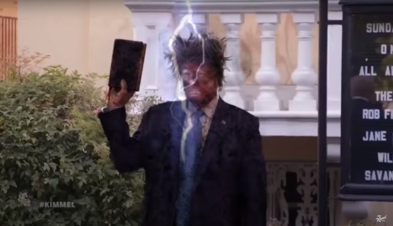 ‘Maybe God is watching over us after all’: Jimmy Kimmel plays video of Trump being struck by lightning