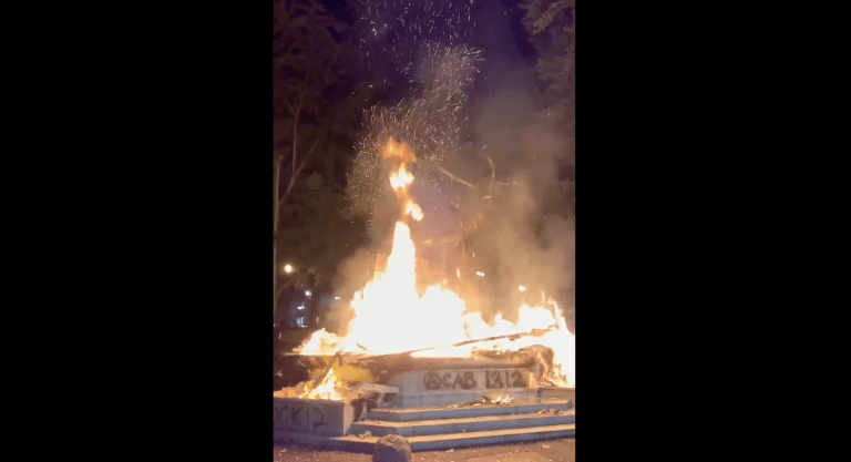 ‘Fully engulfed in flames’: Portland protesters torch historic fountain depicting elk