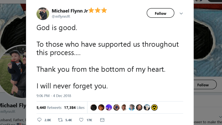 Michael Flynn’s son expresses gratitude for support as Mueller recommends no jail time for his father