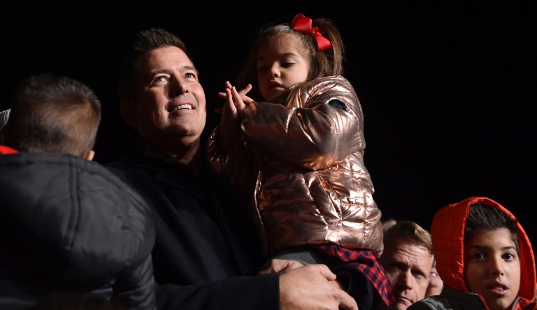 Rep. Sean Duffy, R-Wis., listens as President Donald Trump speaks at a rally at Central Wisconsin Airport in Mosinee, Wis., Wednesday, Oct. 24, 2018. 