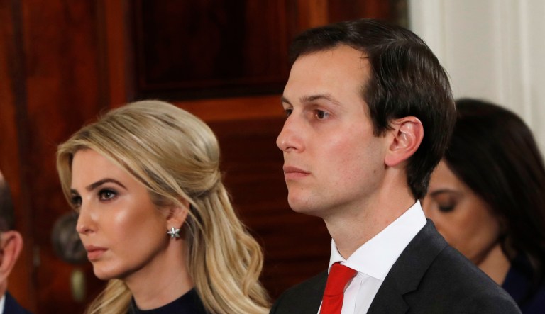 FILE - In this March 17, 2017 file photo, Ivanka Trump, and her husband, White House senior adviser Jared Kushner are seen in the East Room of the White House in Washington. A group of House Democrats is asking the FBI to suspend Kushner's security clearance. 