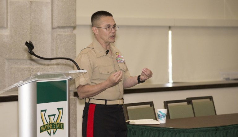 U.S. Marine Brig. Gen. William H. Seely III, a native of Saigon, Vietnam, director with Senior Leader Management Branch, speaks during Marine Week Detroit, Marine Corps Leadership Seminar at Wayne State University, Sept. 8, 2017. Marine Week provides an opportunity for the Marine Corps to visit a city that normally doesnât have opportunities to interact with Marines on a regular basis. (U.S. Marine Corps photo by Lance Cpl. Cristian L. Ricardo)