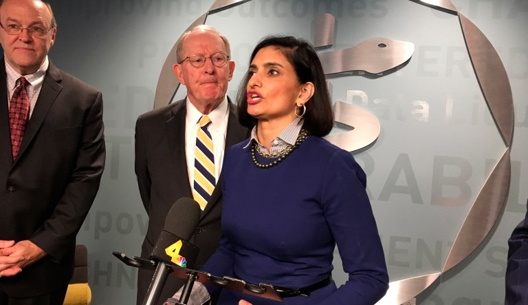 Centers for Medicare and Medicaid Services Administrator Seema Verma speaks to reporters Thursday, March 29, 2018, during a visit to the Center for Medical Interoperability in Nashville. Verma has declined to say whether imposing work requirements on certain beneficiaries is better suited for states that expanded Medicaid than those that didn't, saying her agency is assessing state proposals case-by-case.