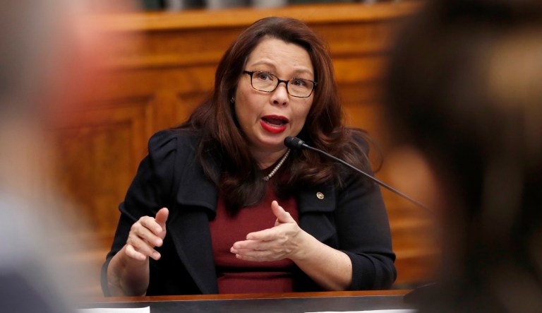 In this Feb. 14, 2018, photo, Sen. Tammy Duckworth, D-Ill., speaks to Goldman Sachs 10,000 Small Businesses Summit on Capitol Hill, in Washington.
