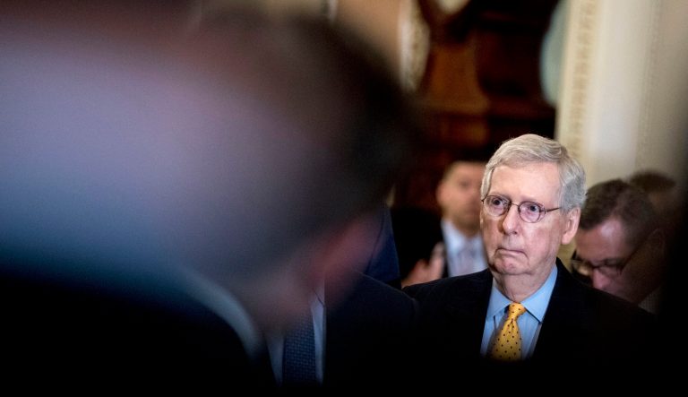 Senate Majority Leader Mitch McConnell, R-Ky., speaks with the media after a policy luncheon on Capitol Hill on May 8, 2018. He is accompanied by Sen. John Cornyn, R-Texas.
