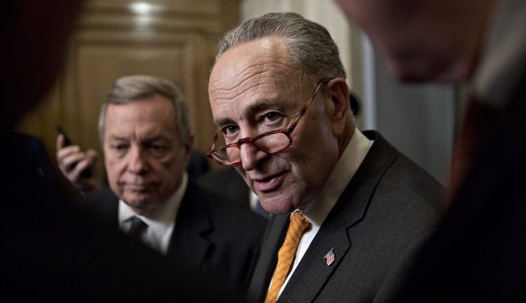 Senate Minority Leader Chuck Schumer, D-N.Y., speaks to members of the media at the U.S. Capitol after arriving from a meeting at the White House in Washington, D.C., on Wednesday, Jan. 9, 2019.