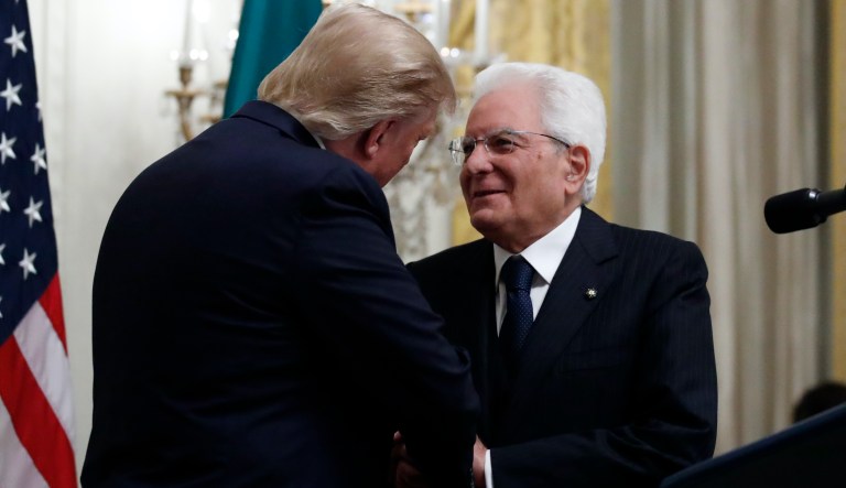 President Donald Trump and Italian President Sergio Mattarella attend a reception in the East Room of the White House, Wednesday, Oct. 16, 2019, in Washington.