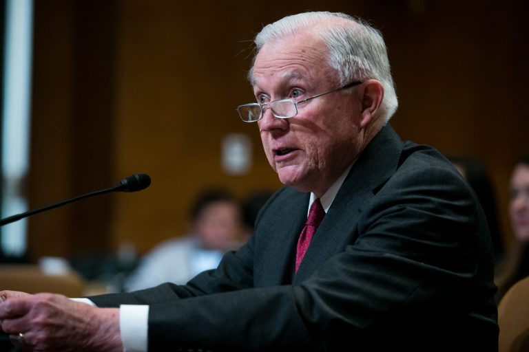 Attorney General Jeff Sessions arrives on Capitol Hill, Wednesday, April 25, 2018, to testify before the Senate Appropriations Committee.